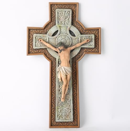 BC Katholisches Kruzifix-Wandkreuz, keltisches Muster, Kreuz, religiöses Geschenk, Holzsteinschnitzerei, 30,5 cm hoch, handgefertigt von Buildclassic
