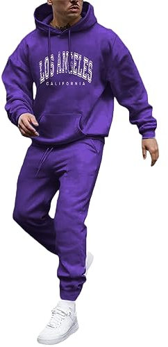 Tomwell Tuta Sportivo Uomo Completo Unisex 2 Pezzi Jogging Fitness Sportiva Set Stampato Autunno Inverno Felpa con Cappuccio con Pantaloni Training Homewear per Uomo A Viola S