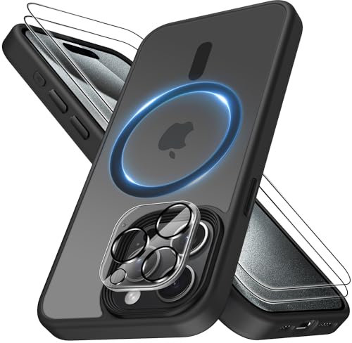 MOOTOBO for iPhone 15 Pro Case 4 in 1 Magsafe Built-in 2 HD Screen Protectors and 1 HD Lens Protector, Compatible with Magsafe Wireless Charging for iPhone 15 Pro 6.1 inch - Black