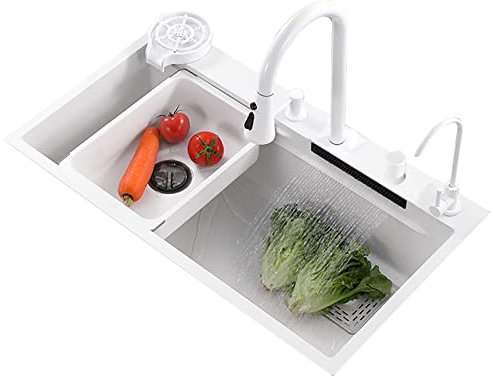 Fregadero Cocina Fregadero Fregadero Fregadero de cocina Fregadero en cascada Fregadero grande blanco con nanorrevestimiento Fregadero de un solo seno Fregadero de acero inoxidable con colador de dren