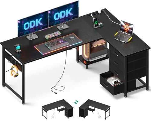 ODK Scrivania Angolare con Cassetti, 155×110 cm Scrivania ad Angolo Reversibile con Prese di Corrente e Porta USB, Scrivania Salvaspazio a L con Spazio di Archiviazione per Ufficio, Nero