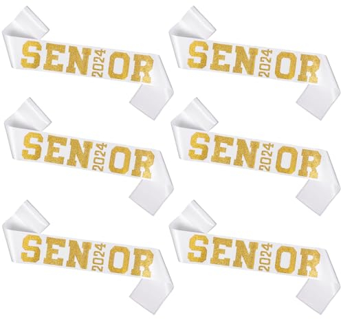 PEUTIER 6 Stück Senioren Schärpen, Weiße Satinschärpen mit Goldenen Buchstaben Satin Schärpen 2024 Abschluss Schärpen Cheerleader Schärpe Dekorationen für Partygeschenke Frauen Männer