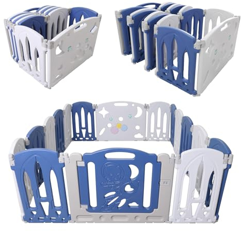NAIZY Laufstall Baby 14+2 faltbar Laufgitter mit Spielzeugtafel & Türtafel Krabbelgitter Rutschfester HDPE Absperrgitter Spielzaun für Kinder Innen- und Außenbereich, Balu+Weiß