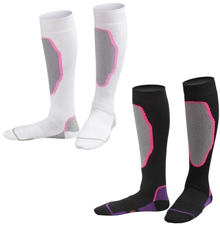 NyxSeat Lot de 2 paires de chaussettes thermiques longues pour femme pour ski et cyclisme – en peluche, rose, blanc, violet, noir, Rose et blanc, violet et noir, 26