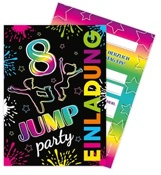 Limonia 12 Einladungskarten zum 8. Geburtstag Motto Jump-Party Trampolin neon Feier Fest Einladung Set Geburtstag Mädchen Kinder Jungs Jungen Boys Teenies