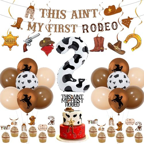 JOYMEMO Brown My 2nd Rodeo Birthday Decorations Boy or Girl - This Ain't My First Rodeo Birthday Banner Cake Topper, Western Cowboy Cowgirl Hanging Swirls Cupcake Toppers, Number 2 Foil Balloon
