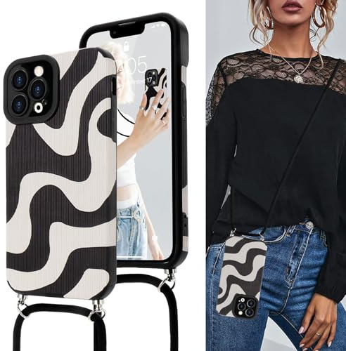 Lafunda Handykette kompatibel mit iPhone 13 Pro Hülle, iPhone 13 Pro Necklace Handyhülle mit Band - Wave Cute Zebra Stripes Muster Design Case mit Kette zum umhängen Schwarz