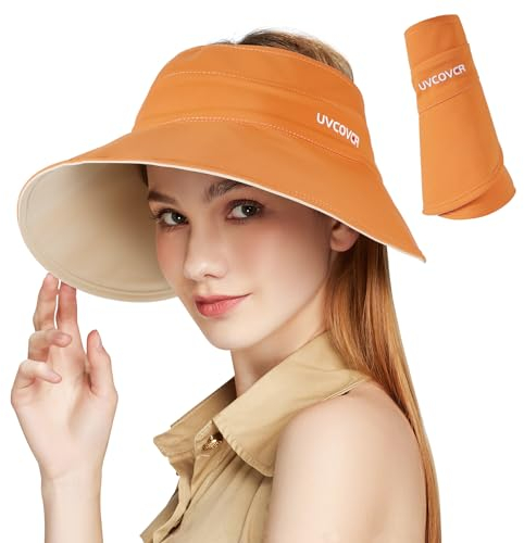 AYPOW Damen Visierhut mit breiter Krempe, Sonnenschutz, Reversibel, UV-Schutz – Grau und Beige