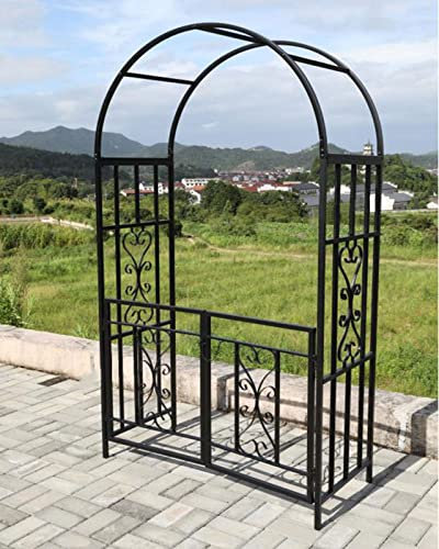 Gartenlaube Metallbogen mit Tor und 4X Stahlpfahl, schwarzer Gartenbogen für den Außenbereich, Kletterpflanzen, Rosenbögen, Torbogen