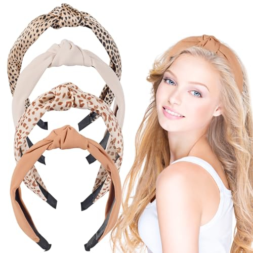Forhome 4 Stück Stirnbänder für Damen, Damen-Stirnbänder für Haare, süßes Haarband für Damenhaare, rutschfest, modisch, breiter Knoten,Leopardenmuster Haarreifen,Mode Haarschmuck für Damen Mädchen
