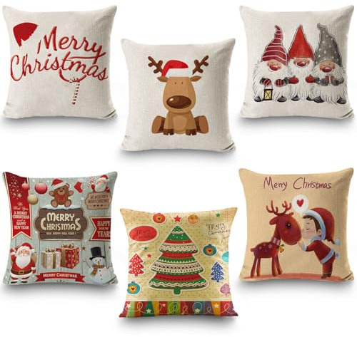 Kissenbezug Weihnachten 45x45,6 Stück Kissenbezug 45x45 Weihnachten,Weihnachtskissen,Weihnachtskissenbezug 45x45,Jaweihnachts Klein Kissenüberzug,Leinen Kissenhülle Weihnachten,Frohe Weihnachten Deko