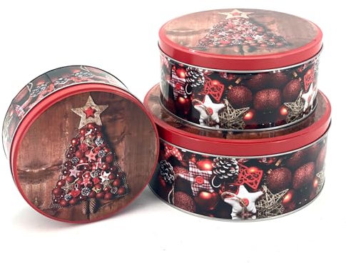 heimtexland ® 3er Set Gebäckdosen Keksdose Vorratsdose Weihnachten Plätzchen Geschenkbox Lebensmittel Metalldosen Typ658 Kugelbaum