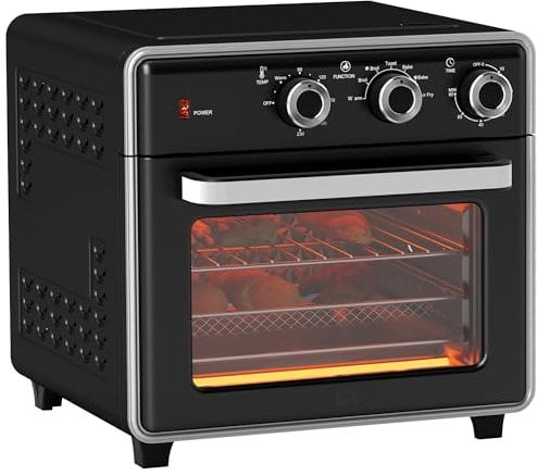 HOMCOM Mini-four à chaleur tournante 20L Mini four avec plaque de cuisson, grille et ramasse-miettes, 90 °C-230 °C Friteuse à air chaud avec 5 modes, panier à friture, minuterie 60 min, 1400W, métal