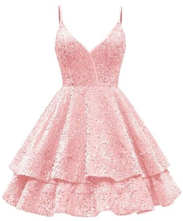 KURFACE Sparkly Sequin Homecoming Abiti per Adolescenti Una Linea Lunghezza Al Ginocchio Breve Prom Dress, Rosa cipria, 46