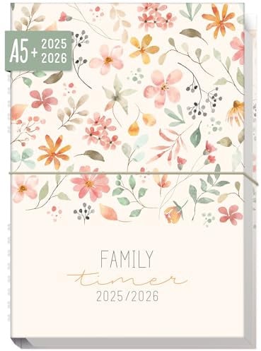 Häfft® Family-Timer 2025/2026 A5 Wild Blossoms Familienkalender 4 Spalten, Buchkalender Familienplaner für 18 Monate: Juli 25 bis Dez 26 - nachhaltig & klimafreundlich