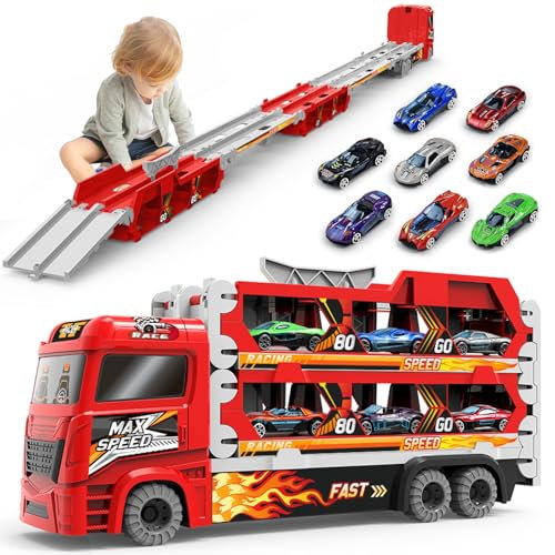 BAKAM Race Tracks Set for Kids Ages 3-5, Car Tracks and Carrier Trucks Garage Toys - Birthday Gift for Toddlers 2-4 Years (Red)