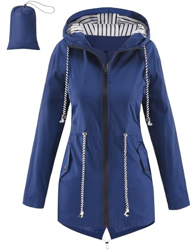 Vijamiy Vêtements Imperméables Femme Coupe Vent léger et portable Poncho Vêtements d'Extérieur Cordon de Serrage Avec Capuche Manteau de Pluie Pour Les Randonnées et Les Voyages(Bleu marine,XL)