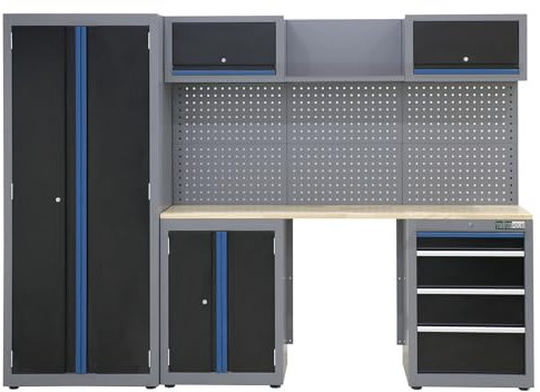 TRUTZHOLM Werkstattwand 13-TLG. 260 x183 cm modulares Werkstattschranksystem aus Stahl mit Lochwand Werkstatteinrichtung flexibel zusammenstellbar, abschließbar in blau RAL 5007