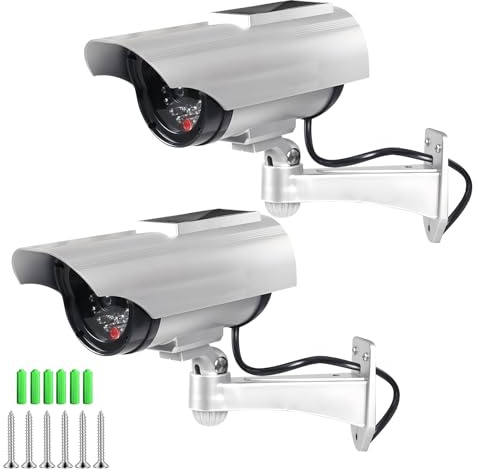 LEKEFETO 2 Stück Solar Dummy Kamera, Fake Überwachungskamera mit Blinkendem LED Licht, CCTV Sicherheitskamera, Solarbetriebene Kamera Attrappe, für Garten Türöffnung Korridor - Silber