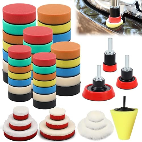 Polierschwämme Pads Polierset Auto Auto Polier Set 54 STK | Polieraufsatz Akkuschrauber Set für Poliermaschine Zum Polieren Schleifen Wachsen aus Schwamm und Wolle