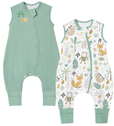 Chilsuessy 2er Pack Baby Schlafsack mit Füßen 1.5 Tog Ganzjahres Schlafsack Babyschlafsack mit Beinen Schlafstrampler für Jungen Mädchen, 1.5 Tog/Grün + Waldtiere, 100cm/Baby Höhe 110-120cm