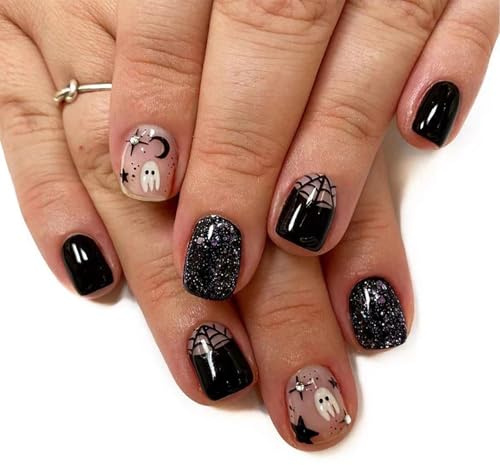 Halloween Press On Nails, 24pcs Balck Short Square Glitter False Nails With Ghost & Spider Web Gothic Design, Full Cover Square Acrylic Nail Tips For Women Nail Art Halloween Party Cosplay Decoration