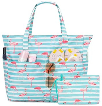 KABAQOO Bolsa de Playa XXL Familiar con Cremallera y Compartimento Impermeable, Bolsa Piscina Mujer Bolso de Mano Shopper Grande Plegable y Ligero para Viajes y Natación, Flamenco verde y blanco