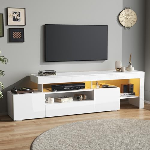YEHTOKHOME Mobile TV LED bianco, armadio con 3 ante a scomparsa, panca TV da 192 cm per TV da 85 pollici, ripiani aperti, illuminazione a LED controllata da app, ideale per soggiorno (C)