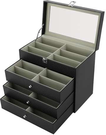 Wulimasun Scatola per occhiali a 4 livelli, 24 occhiali, 33,5 x 19 x 29,5 cm, scatola di immagazzinaggio in pelle con cassetto, per riporre bracciali, orologi e altri