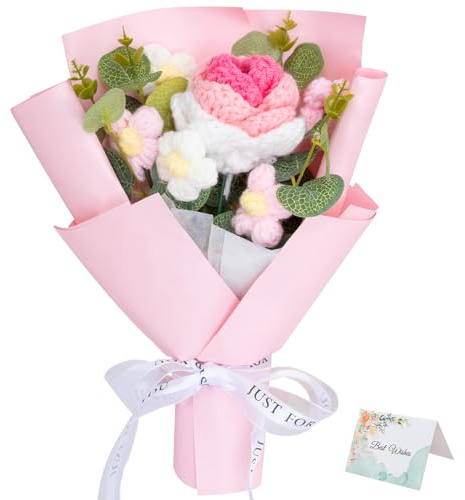 QEEYON Mazzo di rose lavorato all'uncinetto in filato di cotone, 28 x 20 cm | Fiori rosa all'uncinetto con biglietto di auguri, ideali per matrimoni, compleanni, lauree e festa della mamma