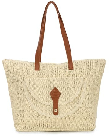 EVEOUT Women Straw Woven Tote Bag Summer Beach Bag Casual Boho Faux Raffia Shoulder Bag with PU Leather Handles for Holiday Travel