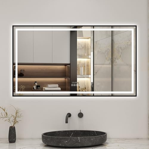 Biubiubath LED Badspiegel 140x80cm Wand/Touchschalter Bluetooth Uhr 3 Lichtfarbe Dimmbar Wandspiegel mit Schwarzem Rahmen IP44