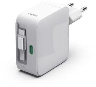 hama GaN Schnellladegerät 30 W, 2X USB-C, ausziehbares Ladekabel, Power Delivery 3.0 & Qualcomm Quick Charge 3.0, USB-C, Weiß, 0,7 m Kabel