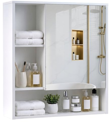 Multigot Bathroom Mirror Cabinet (White) | Wall Mounted Wooden Storage Cupboard with Door and 3 Open Shelves, Hanging Medicine Cabinet