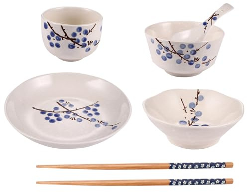 KHBUAB Juego de Vajilla Japonesa de Cerámica Azul Estampado de Flor de Ciruelo, 6 Piezas Persona, Incluye Plato, Cuenco, Taza, Cuchara y Palillos, Práctico y Ecológico para Uso Doméstico