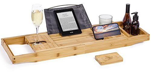 Woodluv Bath Tray, Extendable Bath Caddy Trays for Bathtub Accessories with Tablet Phone Slots, Candle Mug/Cup Holder, Bathroom Organiser, Bath trays for across the bath with Soap Holder, Natural Wood
