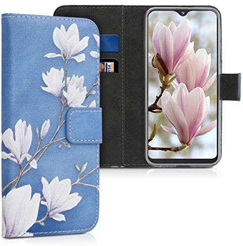 kwmobile Wallet Case kompatibel mit Samsung Galaxy A20e Hülle - Cover mit Ständer und Kartenfächern - Magnolien Taupe Weiß Blaugrau