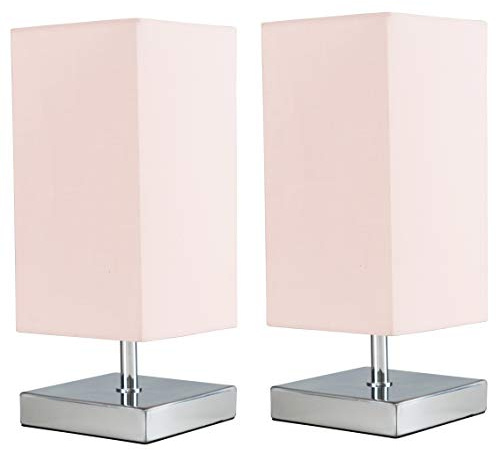 MiniSun | Modern Square Polished Chrome Touch Table Lamps with Pink Shades | Table Lamps, Home Décor & Improvement Essential | Set of 2