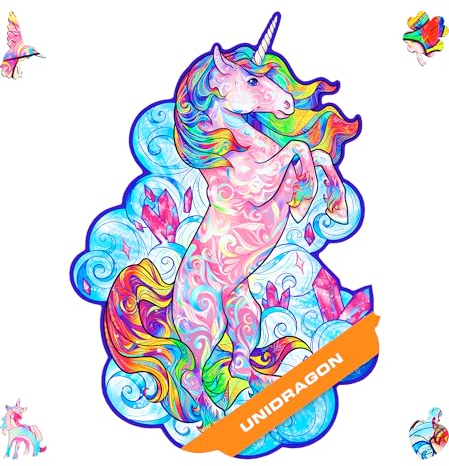 UNIDRAGON Original Holzpuzzle — Inspirierendes Einhorn, 195 Teile, Mittel 10.2 x 12.6 Zoll (26 x 32 cm) Schöne Geschenkverpackung, Einzigartige Form Erwachsene und Kinder