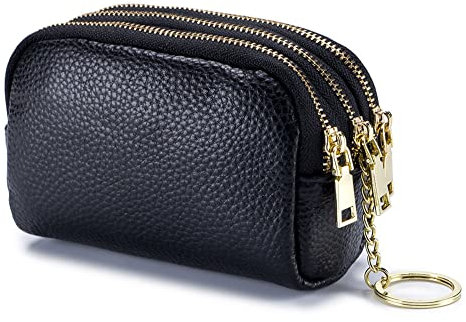 AprinCtempsD Porte-Monnaie Petit en Cuir Véritable Portefeuille Mini Zippé Porte-Cartes avec 3 Zips pour Femme Fille (Noir)