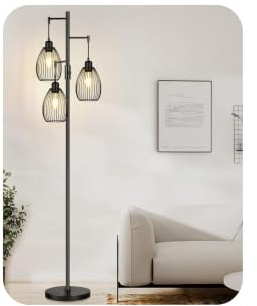 Dimmable Floor Lamp, 3 x 800LM LED Edison Bulbs Included, Farmhouse Industrial Floor Lamp Standing Tree Lamp with Elegant Teardrop Cage Tall Lamps for Living Room Bedroom Office Dining Room-Black