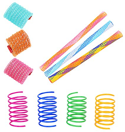 Andiker Katzenspielzeug, 10 Stück bunte Katzenspielzeuge und Teleskop-Katzenstiel mit Netzstange, Springspielzeug für Katzen, flexibel und formbares Spielzeug (10 Stück)