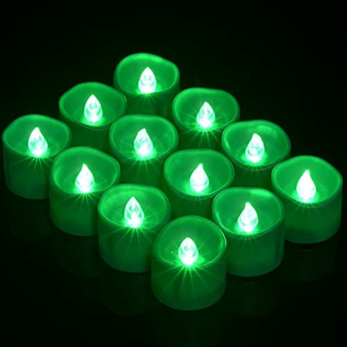 PChero 12pcs Green LED Tea Lights with Timer, Flickering Flameless Tealights Battery Operated Long Lasting Fake Candles for Wedding, Party, Christmas, Halloween and Festival Celebration