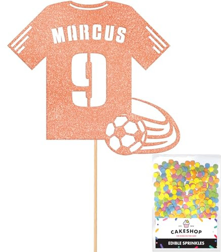 Personalised Birthday Football Kit Jersey Cake Topper- Rose Gold Any Name & Age Number Glitter Cake Decoration and Sprinkles - Happy Birthday Decorations - Personalised Toppers for Cakes by Cakeshop
