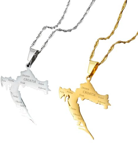 ldygefow Karte Anhänger Halsketten,Kroatien Karte & Städte Name Anhänger Halsketten Klassischer Hip Hop Schmuck Für Frauen Männer Trend Party Geschenk Modeschmuck,Silber,45Cm/17.7Inches