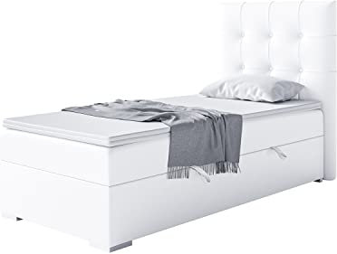MEBLINI Boxspringbett mit Bettkasten - Gepolstert Einzelbett mit Matratze und Topper - Polsterbett mit Stauraum - Bett mit Kopfteil - Stauraumbett - Deniz - 90x200 Links - H3/Weiß Kunstleder