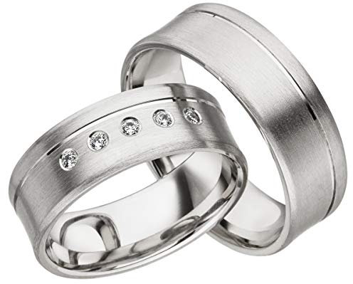JC Trauringe 925er Sterling Silber Paar-Preis I Eheringe mit kostenfreier Gravur I Partnerringe 7mm breit inkl. Etui I Herren-Ring ohne & Damen-Ring mit Zirkonia-Steine I Größe 48 bis 72 I A18