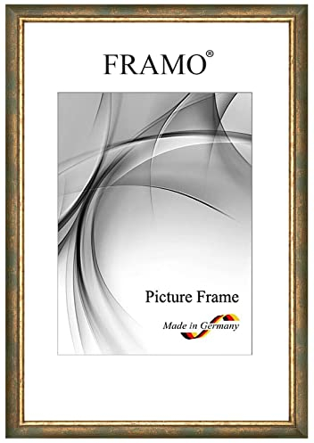 FRAMO Barock Bilderrahmen 21 x 29,7 cm (DIN A4) aus Massivholz | Grün Gold | Farbe/Größe wählbar | Retro Vintage Antik Rahmen N°067