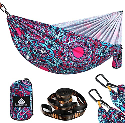 NATUREFUN Hamaca Ultraligera para Camping (275x140 cm) | 300 kg de Capacidad de Carga | Transpirable y de Secado rápido Hamaca | 2 Hierro Mosquetones, 2 Eslingas Incluidas | Interior Exterior Jardín