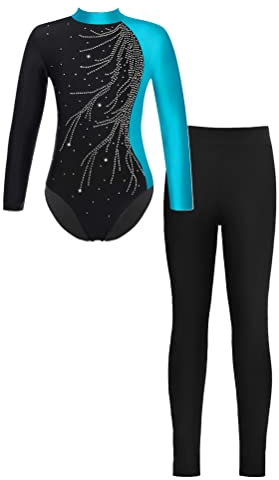 YOOJIA Mädchen Trainingsanzug Langarm Turnanzug Glänzend Gymnastikbody Turnbody mit Leggings Trikotanzug 5-16 Jahre Grün&Schwarz 158-164